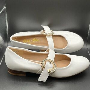 Chase + Chloe White Mary Jane Flats with Crystal-Embellished Gold Buckle